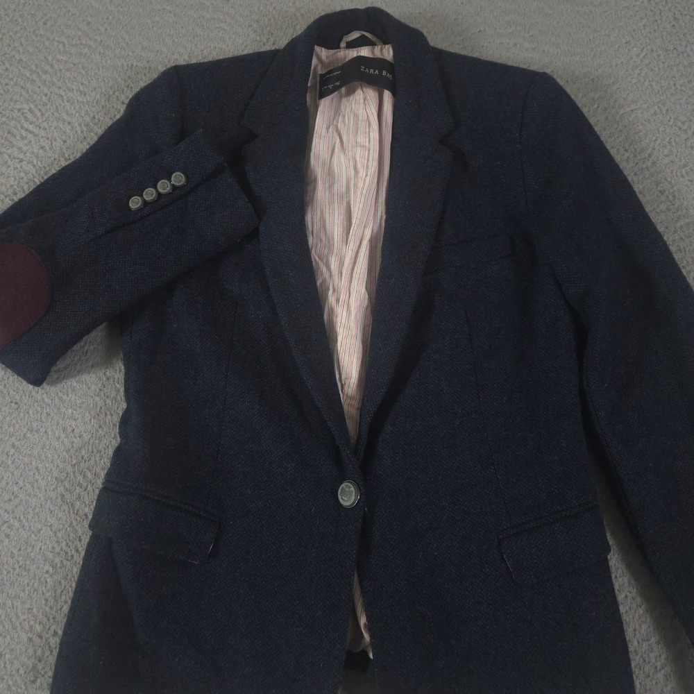 Zara Blazer Womens S Navy Lambswool Wool-Blend Elbow Patches Single-Breasted